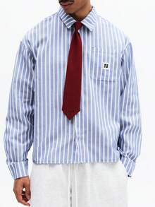 SUMWON 修身长袖条纹衬衫，配可拆卸领带，适合商务休闲办公场合穿着。 - 藍色 - 查看 5