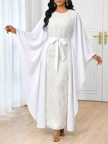 SHEIN Lady 女士撞色圆领喇叭袖系腰优雅连衣裙 - 米色 - 查看 4