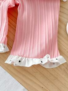 SHEIN 两件套女婴波点印花粉色蝴蝶结装饰无袖吊带背心+松紧腰条纹喇叭裤，裤脚带荷叶边，适合夏季休闲外出或旅行 - 粉色 - 查看 8