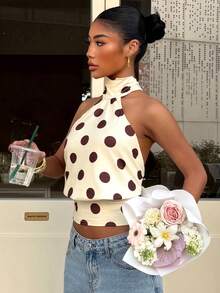 Muchica Women's Polka Dot Print Fashion Halter Backless Camisole For Going Out Outfits, Streetwear, Y2K Clothes, Pokadot Top - Yellow - View 1