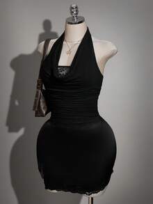 SHEIN ICON Áo dệt kim đen hở lưng cổ xếp ly phong cách Y2K cỡ lớn, phối ren, gợi cảm kiểu đường phố. - màu đen - Xem 4