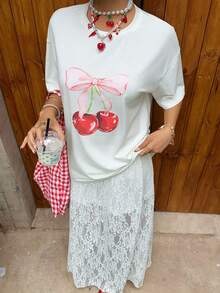 MainGRL SHEIN Spring/Summer Youthful And Energetic Casual Vacation Two-Piece Set: Cherry Blossom Print T-Shirt And White Lace Skirt, Perfect For Vacations, Leisure, And Everyday Wear. - White - View 4