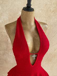 Soleia 性感V领交叉装饰镂空露背吊带纹理面料多层不规则下摆迷你连衣裙，适合派对、圣诞节、约会、夜店、海滩、邮轮、下午茶、波西米亚风、度假、秋季女装、复古风 - 紅色 - 查看 3