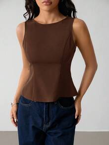 SHEIN PETITE Áo đen thời trang mùa hè dành cho nữ, thiết kế cao cấp - Cà phê nâu - Xem 9