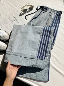 Comfortcana Woven Fabric Plus Size Blue Straight Leg Pants With Strips And Drawstring Waists - Blue - View 4