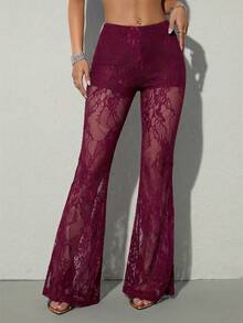 SHEIN ICON 女士Y2K性感西部风低腰蕾丝喇叭裤，优雅时尚 - 酒紅色 - 查看 6