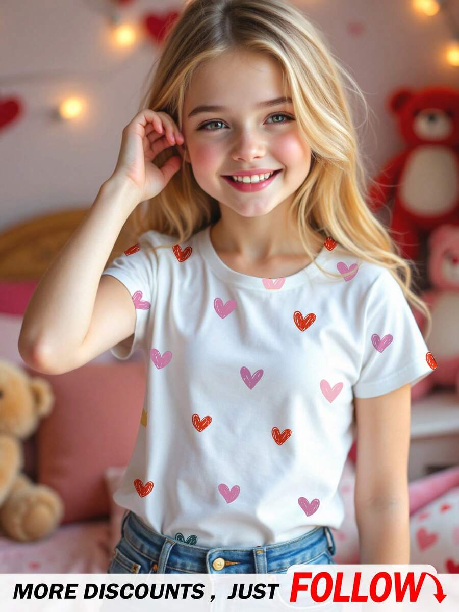 T-shirt à manches courtes col rond minimaliste décontracté pour préadolescentes, convient pour l'été - Multicolore - Voir 1