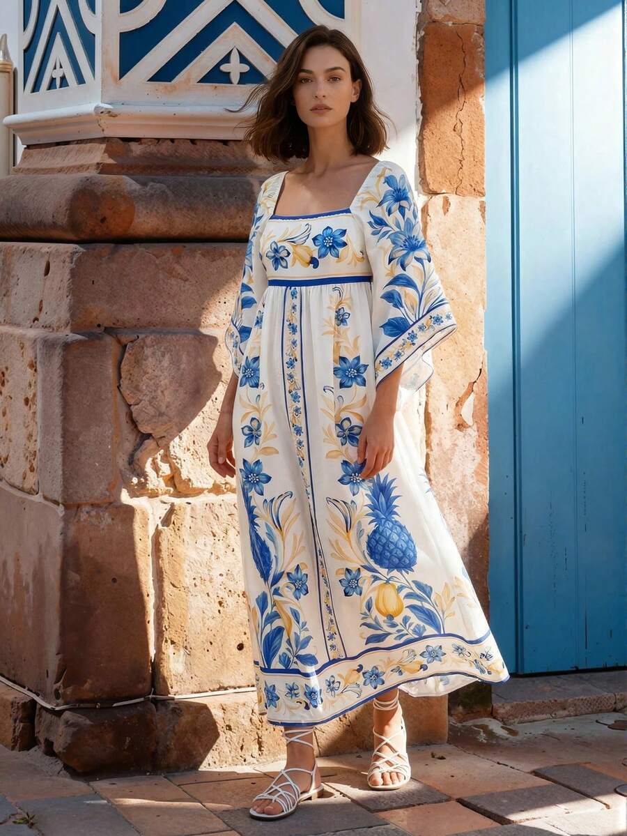 CAJUNI Women's Vacation Floral Wave Print Square Neck Flare Sleeve Fashion Dress - Multicolor - View 1