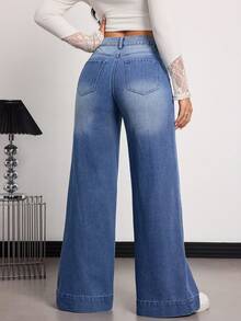 SHEIN Tall TALL Summer And Spring Women's Casual Going Out Washed High Waist Wide Leg Jeans - Medium Wash - View 2