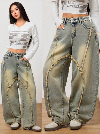SHEIN PETITE PETITE 夏季和冬季女士时尚派对 Y2K 街头复古水洗毛边弯腿牛仔裤
