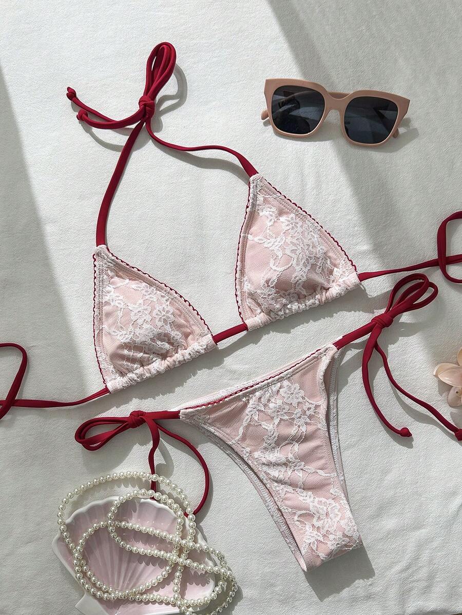 Swim Mod Women's Spring/Summer Jacquard Fabric Halter Floral Trim Bikini Set - Pink - View 1