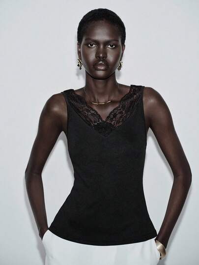 Lumivelle Women's Elegant Lace V-Neck Camisole, Layering Piece For Home, Daily, And Commute Wear, Fitted Lace Patchwork Outer Top Black Sexy Tops Black Summer Tops