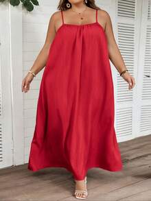SHEIN CURVE+ Đầm hai dây cỡ lớn, màu trơn, xếp ly, thích hợp cho tiệc sinh nhật, lễ tốt nghiệp, trang phục học sinh, mặc hàng ngày, đi nghỉ mát. - Đỏ - Xem 4