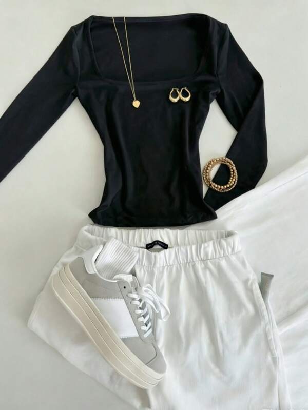 Glimmora Minimalist Fashion Black Square Neck Slim-Fit Long-Sleeve T-Shirt Suitable For Spring, Summer, Fall, And Winter Fashion T-Shirt Stylish T-Shirt Gift For Siblings Gift For Sisters Gift For Mom Mother's Day Gift Casual Minimalist Fashion Top