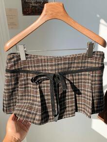 SHEIN PETITE CURVE 大码女式格子蝴蝶结装饰休闲褶皱羊毛裙 - 棕色 - 查看 8
