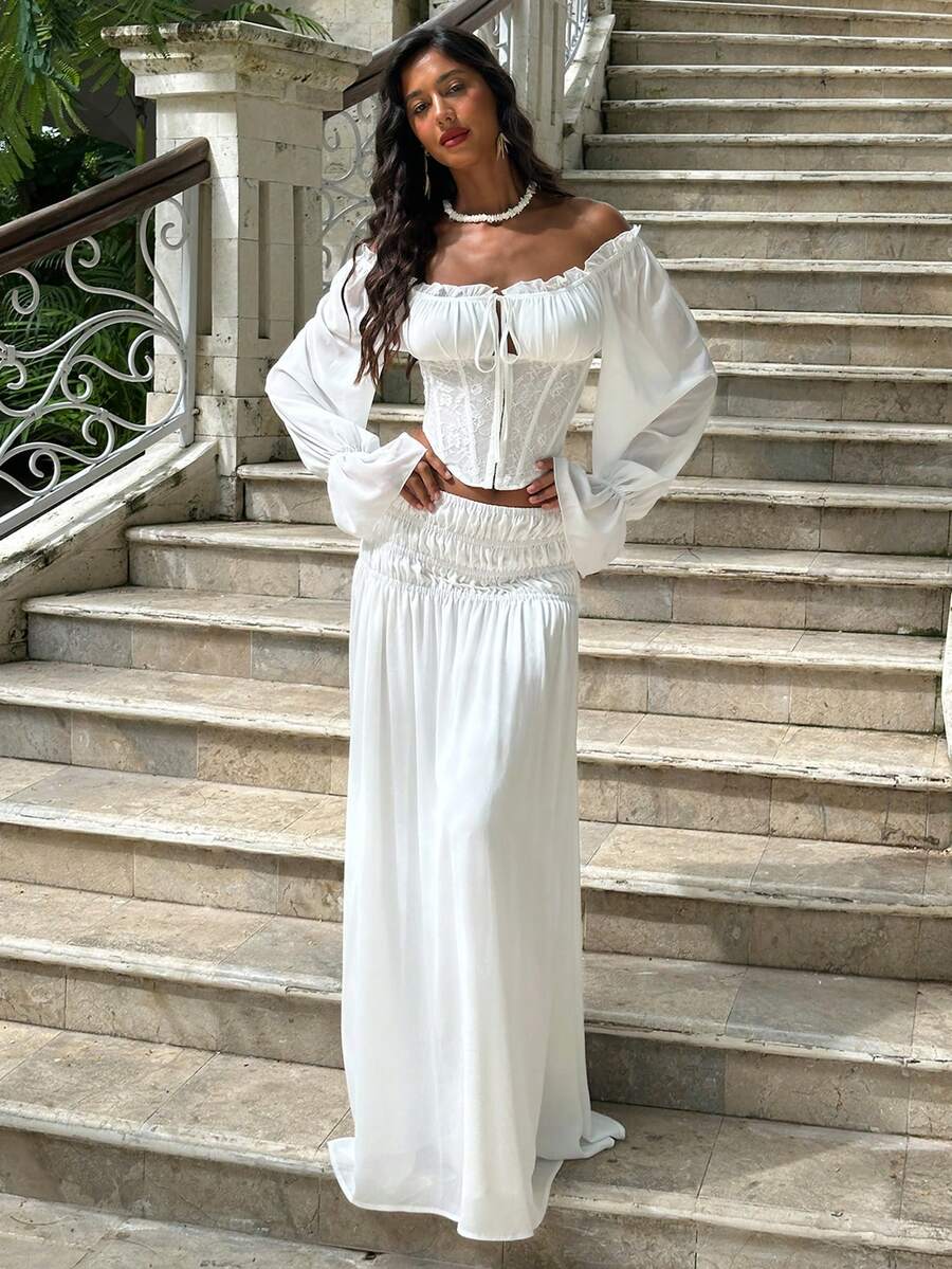 Opulessa 春夏优雅休闲外出海滩婚礼浪漫度假女士优雅纯白色半身裙，适合派对、春夏度假、派对、婚礼、毕业典礼、庆典、伴娘等场合 - 白色 - 查看 1