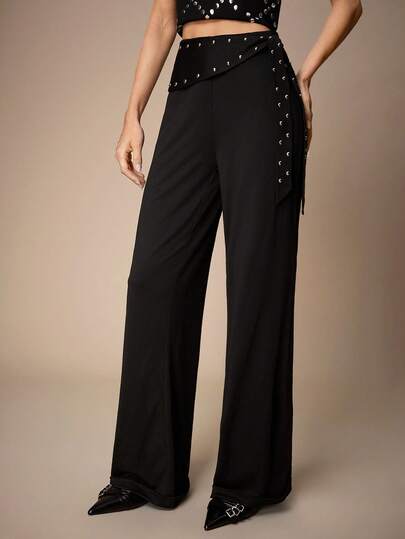 Maija Women's Solid Color Straight Loose Metal Rivet Design Pants