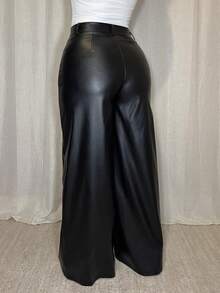 Dayanna Comas 女士皮革女裤纯色前扣简约休闲裤、日常穿着、女士下装 - 黑色 - 查看 2