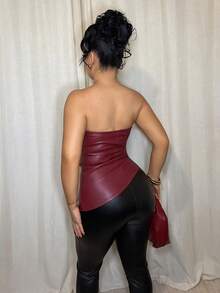 Dayanna Comas 无袖纯色 PU 皮革短款上衣，简约时尚休闲日常穿着 - 酒紅色 - 查看 2