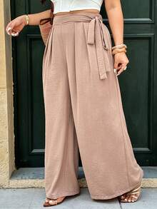 Vionelle Plus Size Waist Tie Wide Leg Pants,Women's High Waist Baggy Trousers,Chocolate Brown,Autumn,Smart Casual,Vacation,Holiday,Boho Wrap Around Loose Pants - Khaki - View 4