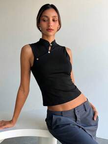 Aloruh Áo tank top cổ sườn xám kiểu Trung Quốc cổ điển dành cho nữ, màu đen, kiểu áo chui đầu thoải mái, thích hợp cho kỳ nghỉ, du lịch, áo nữ thanh lịch, áo mặc hàng ngày đi làm. Áo không tay màu đen, áo cổ cao, áo hè màu đen. - màu đen - Xem 4
