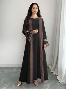 SHEIN Najma Women's Spiral, Floral Embroidery Print Long Sleeve Casual Arabic Abaya Cardigan Outerwear, Spring/Autumn