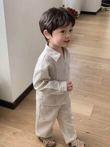 DAZY 2pcs Toddler Boys' Collared Long Sleeve Shirt And Casual Long Pants Set - Apricot - View 6