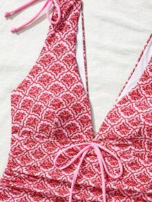 Bellisia Women's Retro Print Deep V-Neck Drawstring Ruched Backless Camisole & Tie-Side Triangle Bikini 2-Piece Swimwear Set, Spring/Summer - Multicolor - View 7