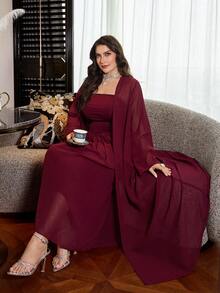 Modelyn Vestido maxi ajustado de unicolor con cintura fruncida + Cárdigan suelto de manga larga de gasa de unicolor, talla grande, primavera/otoño - Burdeos - Ver 6