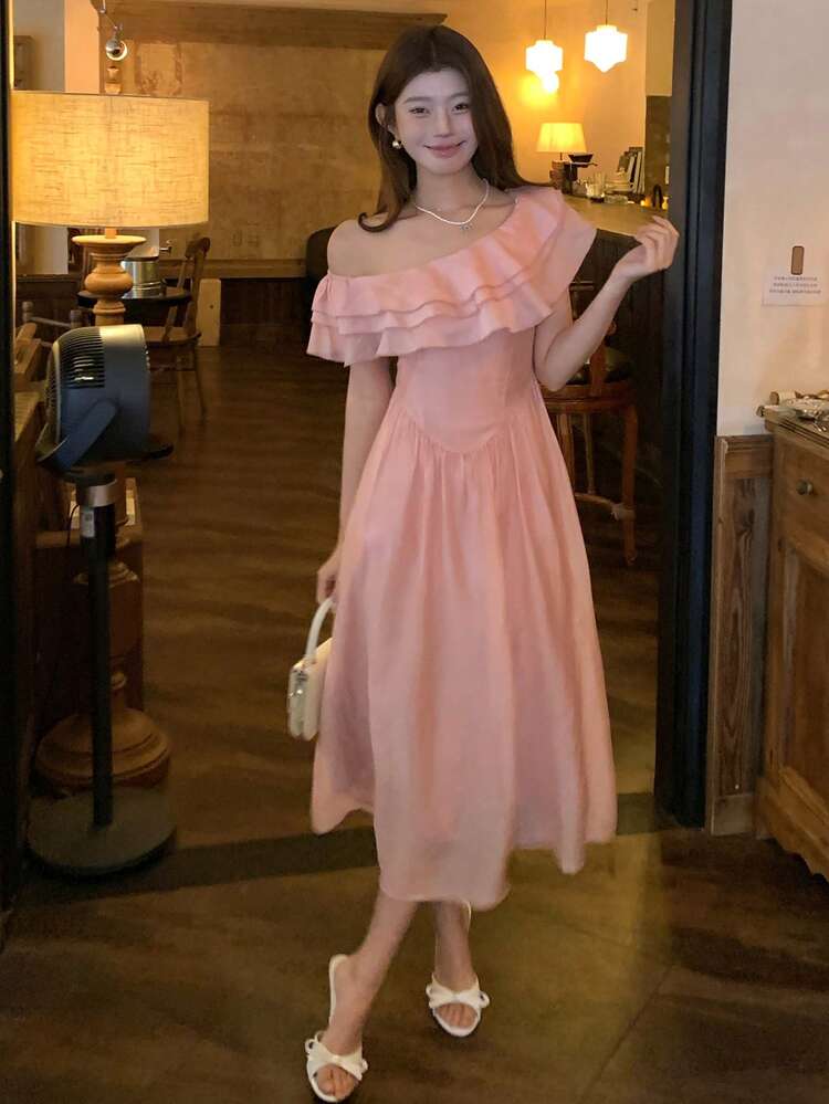 Women's Casual Ruffled Shoulder Midi Dress Sundress