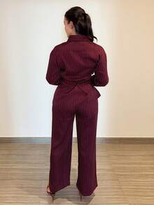 MDEdit 2 件套女士收腰韩版复古风格衬衫和裤子，适合通勤和日常穿着 - 酒紅色 - 查看 2