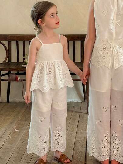 LMoss Kids 2 piezas Conjunto de top de tirantes de unicolor tejido y pantalones largos para niña