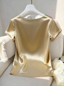 GlowEve 女士纯色圆领短袖休闲百搭T恤 - 黃色 - 查看 2