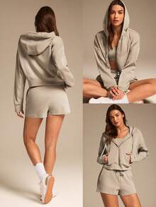 GLOWMODE Sudadera con capucha de manga larga con bolsillos laterales con cremallera, de modal y felpa, con ojales para el pulgar, para uso diario y casual - Caqui - Ver 7