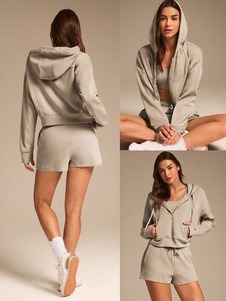 Sudadera con capucha de manga larga con bolsillos laterales con cremallera, de modal y felpa, con ojales para el pulgar, para uso diario y casual