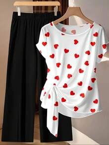 SHEIN Clasi 2pcs Set: Casual Minimalist Red Heart Print Tie Front Blouse & Loose Straight Leg Pants, Suitable For Spring/Summer Spring - Multicolor - View 2