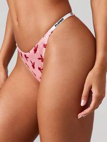 Missguided x Playboy Cheeky Thong Bikini Bottom With Bunny Logo Print High Cut Brazilian Style String Swimwear For Beach Pool Summer Vacation - Multicolor - View 5
