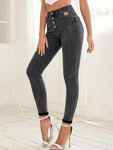 SHEIN Unity High Waist Front Button Skinny Thermal Lined Jeans - Grey - View 4
