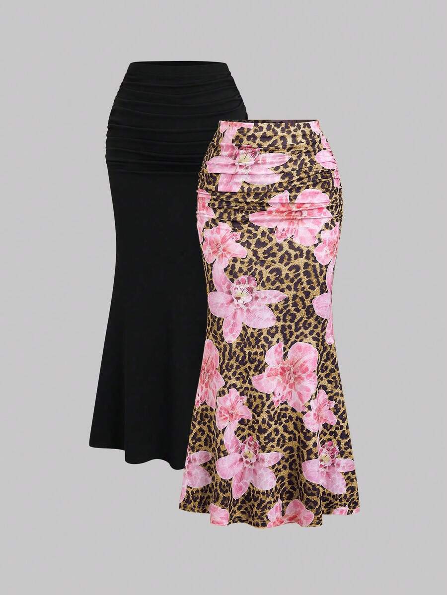 Sweetra 2pcs Women's Elegant Party Solid Color Mermaid Skirt And Floral Print Skirt Set - Black - View 1