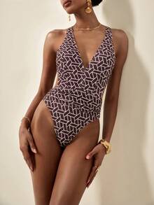 Écloséra 1pc Women's Backless Silver Metal Ring Tie Front One-Piece Swimsuit