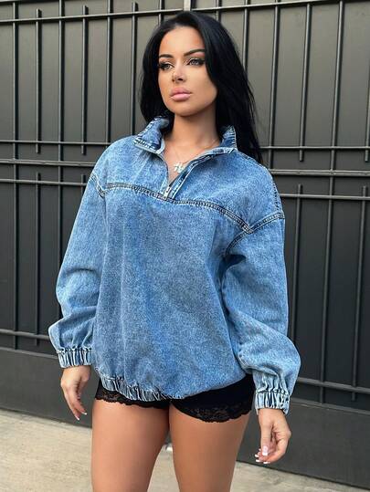 Vassilux Women's Loose Casual Denim Jacket With Dropped Shoulders And Half Zipper, Spring And Autumn