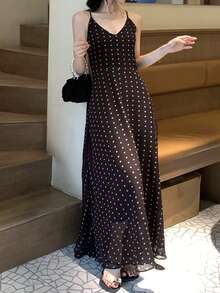 DAZY 女士波点优雅时尚约会派对长吊带连衣裙 - 棕色 - 查看 1