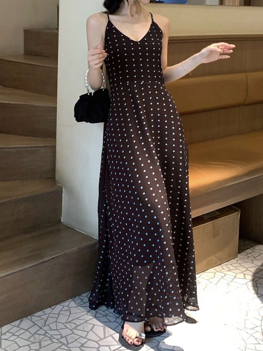 DAZY 女士波点优雅时尚约会派对长吊带连衣裙 - 棕色 - 查看 1