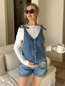 SHEIN Pregnant Women's Button Casual Versatile Daily Wear Denim Bib Shorts Valentine's Day Vacation Outfits Women Carnaval Summer Spring Commuting Graduation Chic Y2k Cute Streetwear Party Wedding Elegant Business Casual Woman