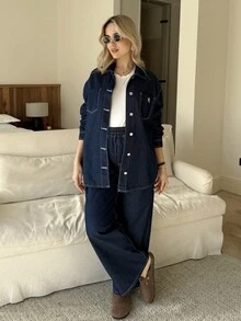 MaterniWear 2pcs Maternity Casual Denim Shirt And Pants Set Valentine's Day Vacation Outfits Women Carnaval Summer Spring Commuting Graduation Chic Y2k Cute Streetwear Party Wedding Elegant Business Casual Woman - Blue - View 3