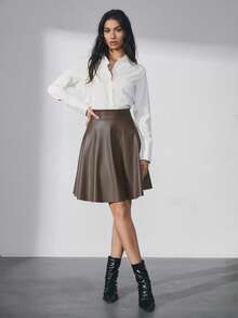 EURMUSE Women Solid Color PU Leather Mini Skirt - Chocolate Brown - View 5