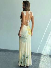 Aloruh 新款浪漫黄色渐变花卉网纱印花紧身弹力性感露背连衣裙，饰有蕾丝边 - 淡黃色 - 查看 9