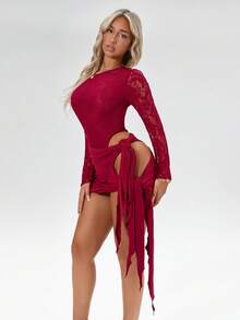 Amplova Bộ 2 món ren khoét lưng gợi cảm, bodysuit tay loe lưới mỏng kèm chân váy quấn, thích hợp cho các buổi hẹn hò, mùa thu/đông - Màu Đỏ Sâu - Xem 10