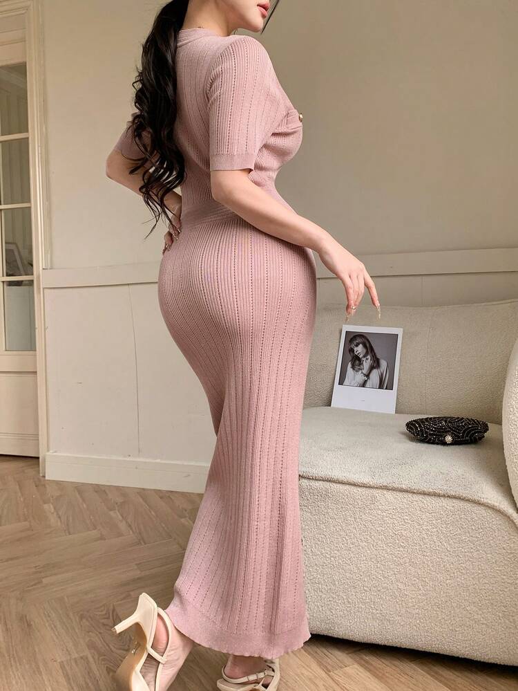 Women's Elegant Solid Color V-Neck Button Faux Pocket Knit Sweater Dress, Spring/Summer,Wedding Guest Dress Women