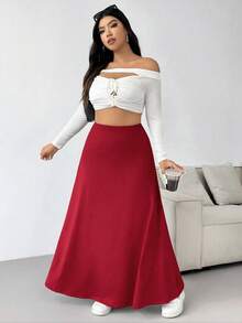 SHEIN EZwear Váy nữ cỡ lớn màu đỏ cạp cao, kiểu dáng thường ngày/công sở. - Đỏ - Xem 6
